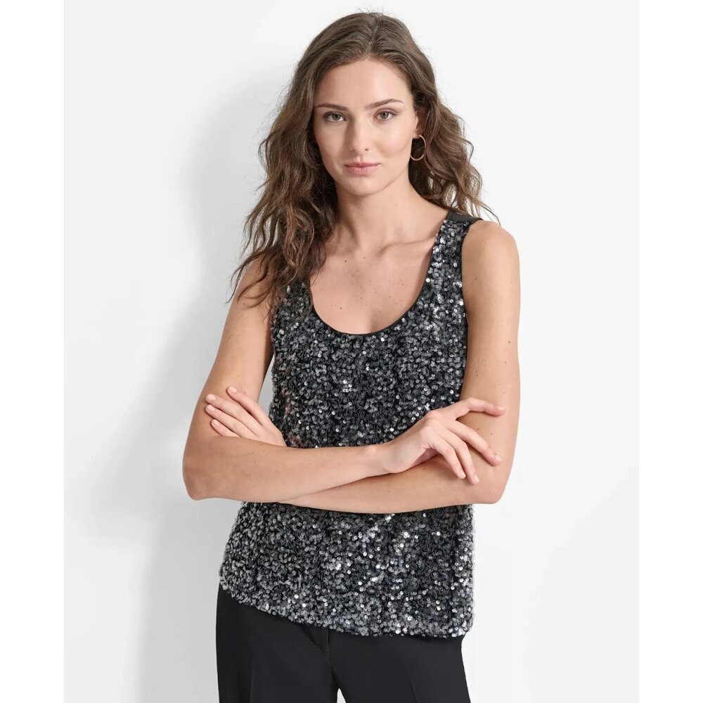 DKNY Women's Sequined Scoop-Neck Sleeveless Tank Top Black Size XS MSRP $79 - Picture 1 of 2